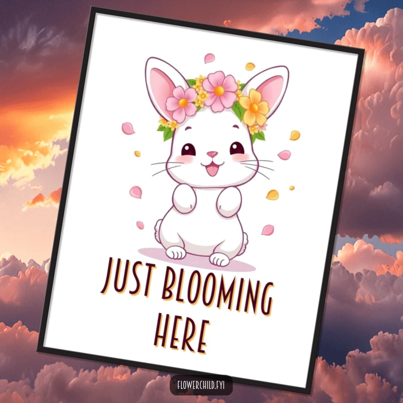 Funny Bunny Digital Art Print, a festive bunny in a flower crown happily tossing petals, instantly downloadable for decor, a cute funny gift.