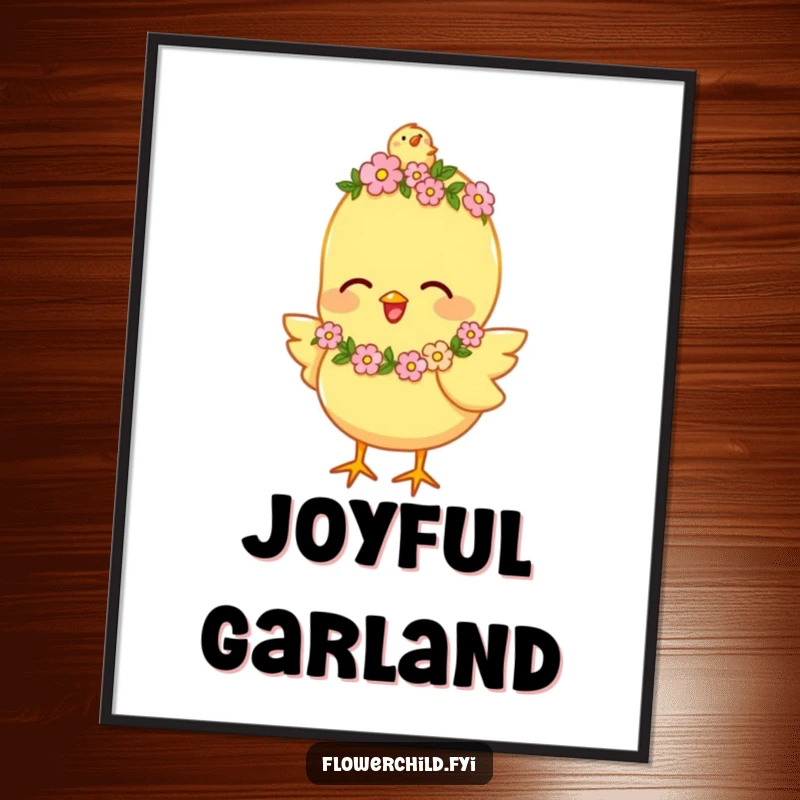 Funny Digital Art Print of a happy chick character wearing a tiny flower garland, chirping joyfully, available for download.