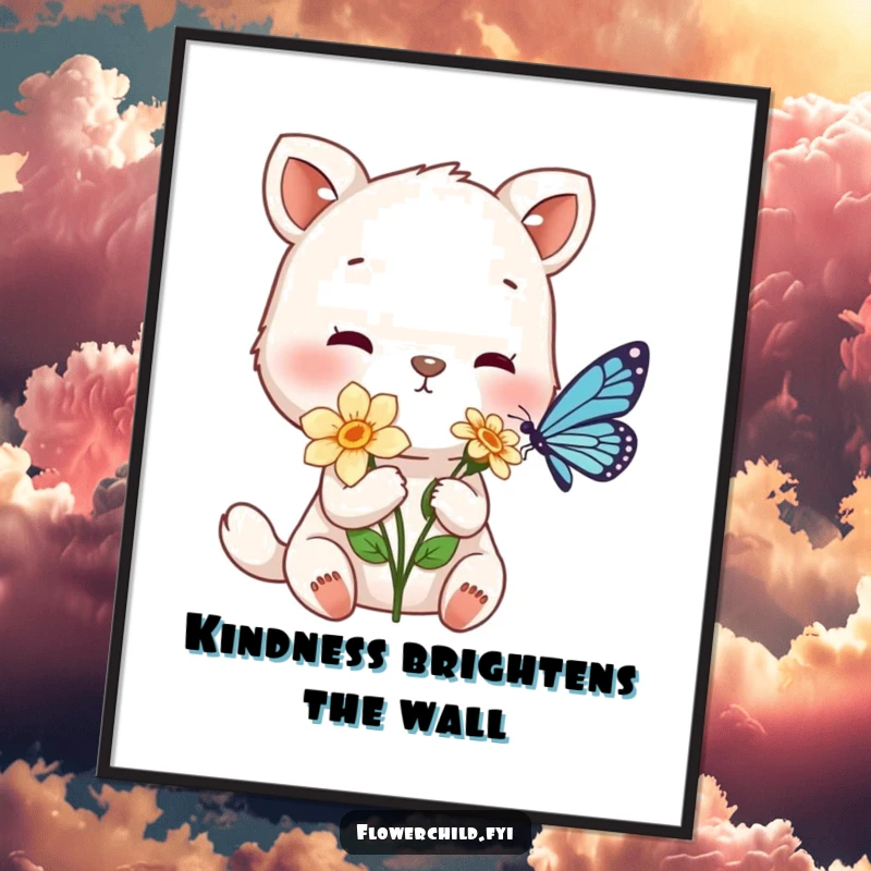 Funny digital art print of a gentle animal character offering a flower to a tiny butterfly, ready to frame.