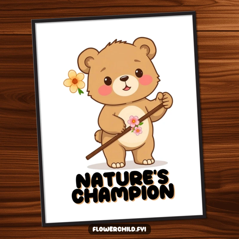 Funny digital art print of a proud bear cub holding a flower-decorated walking stick, perfect for woodland-themed decor.