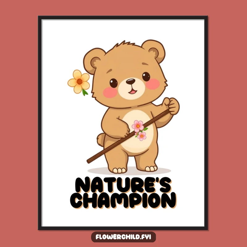 Funny Proud Bear Cub Walking Stick Digital Art - Woodland Adventure Decor Gift
