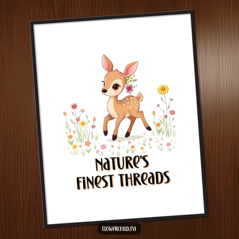 Funny Gentle Deer Digital Art: High-resolution download of a gentle deer adorned with wildflowers, peacefully prancing through a lush meadow.