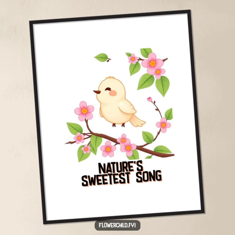 Funny digital art print of a serene bird character perched on a blooming vine, singing joyfully.
