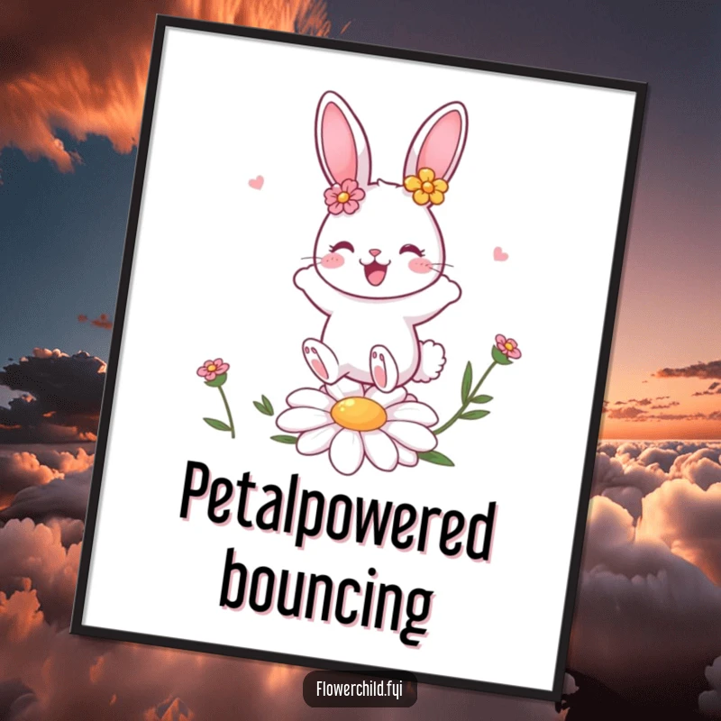 Funny bunny character with flower decorations bouncing gleefully on a daisy, a downloadable art print for cheerful decor.
