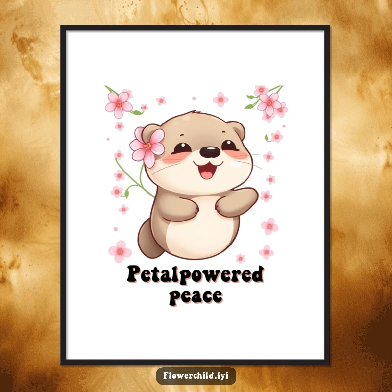 Funny otter digital art print of a happy otter with a flower, floating peacefully amidst scattered blossoms.