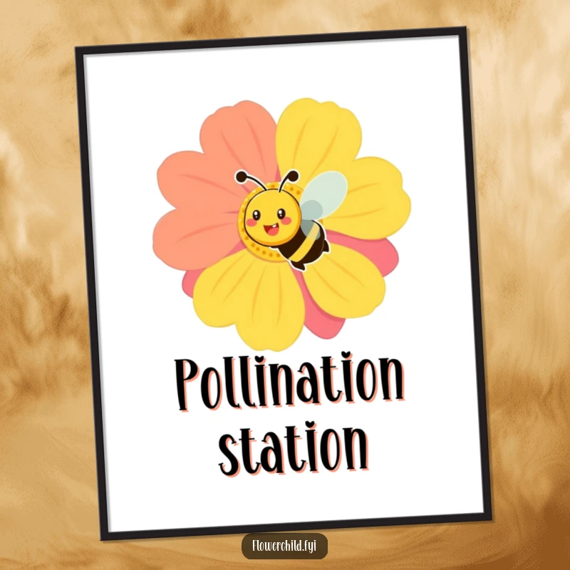 Funny digital art print of a smiling bee buzzing around a large, colorful flower, perfect for cheerful garden-themed decor.