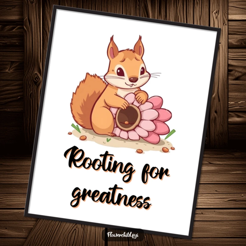 Funny digital art print of a determined squirrel planting a giant flower seed, symbolizing growth and effort for wall decor.