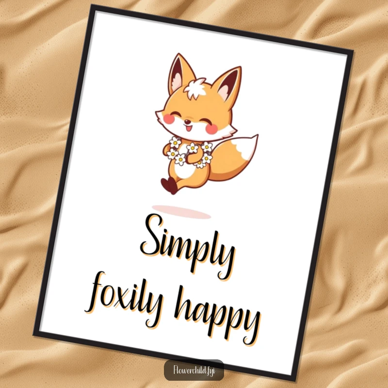 Funny Fox Digital Art Print, a skipping fox wearing a daisy chain, capturing joy and nature, instantly downloadable, a perfect funny gift.