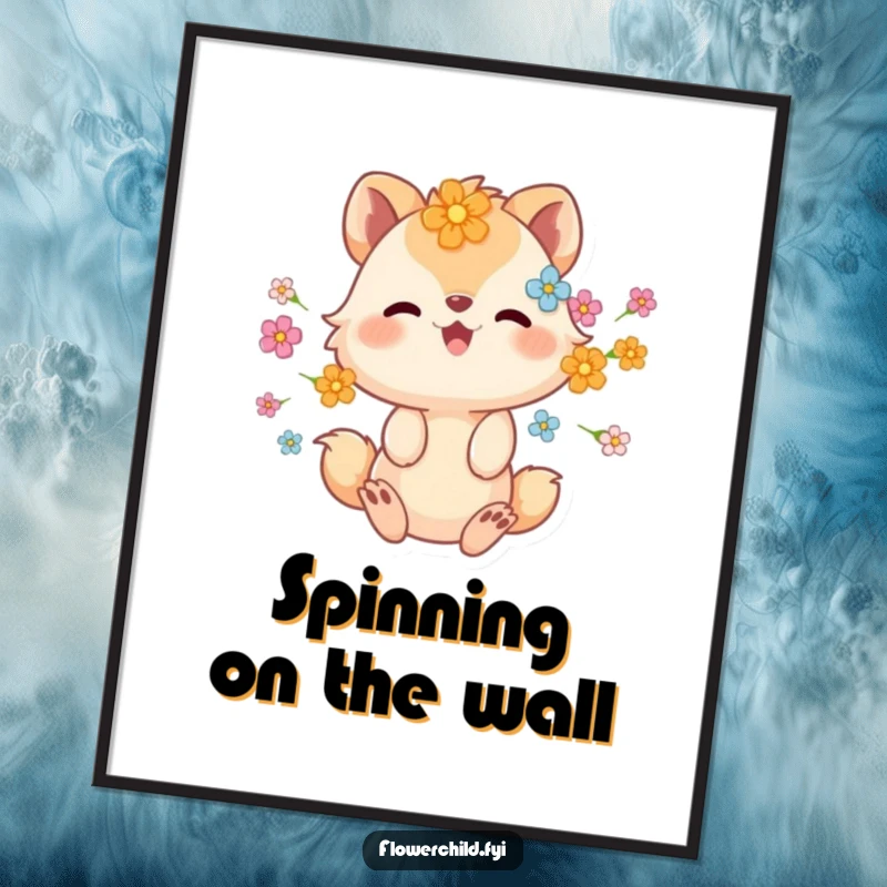 Funny digital art print of an animal character with flowers in its fur, spinning gleefully, ready to be framed.
