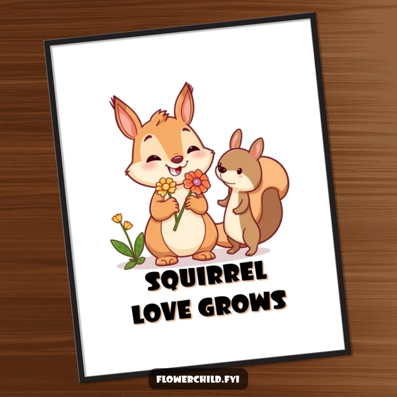 Funny squirrel digital art print of a jovial squirrel offering a flower to another creature, perfect for adding woodland charm and warmth.
