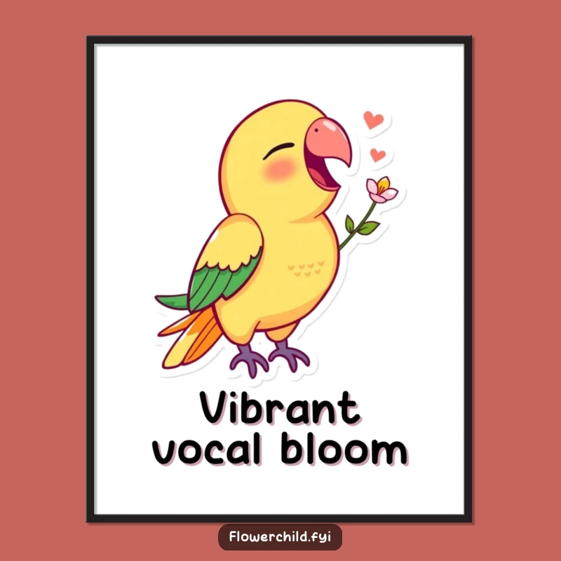 Funny Parrot Digital Art: Joyful Singing Parrot Flower Print Gift