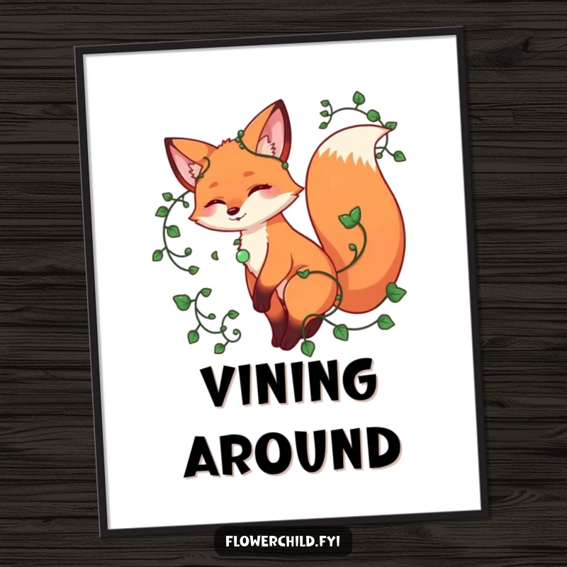 Funny fox digital art, a playful fox twirling with vines entwined around its tail, symbolizing nature's playful spirit.