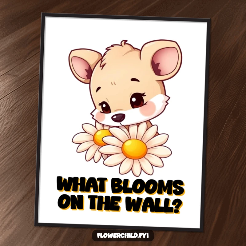 Funny digital art print of a curious animal character sniffing a large, colorful daisy, capturing a moment of wonder.