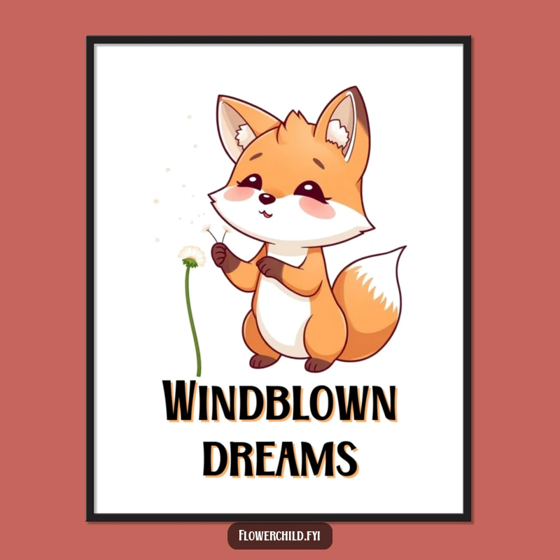 Funny Fox Dandelion Wish Digital Art: Playful Blowing Printable, Instant Funny Gift