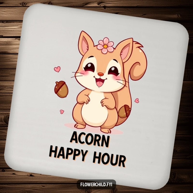 Funny Squirrel Petals Coaster: A beaming squirrel with petals juggling acorns, offering funny protection to surfaces.