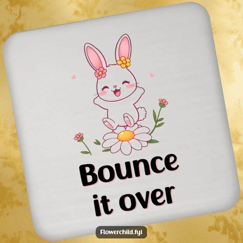Funny cute bunny character with flower decorations bouncing on a daisy, a charming coaster for drinks.