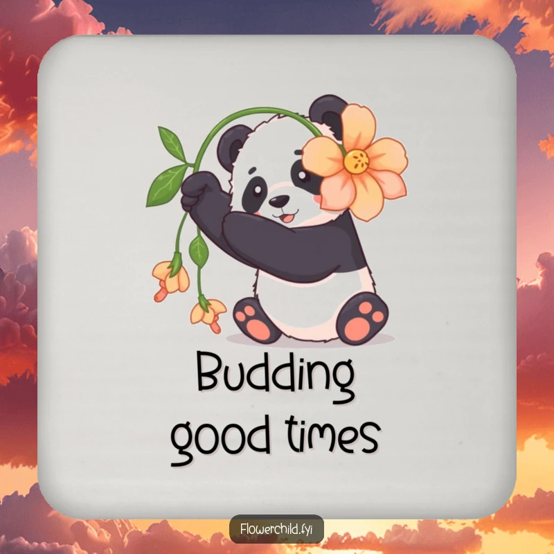 Funny panda coaster featuring a cuddly panda playfully batting at a large, dangling flower, incredibly cute art.