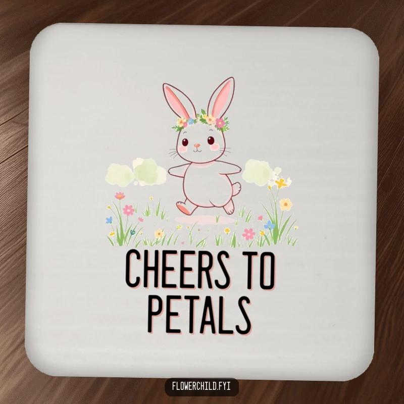 Funny bunny meadow drink coaster, a cute bunny wearing a flower crown skipping through a field.