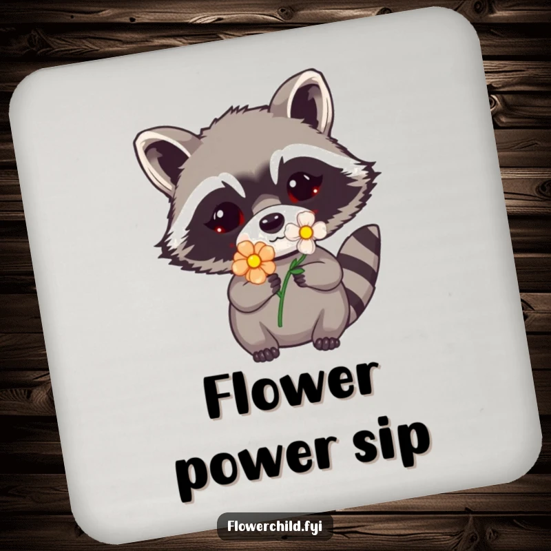 Funny raccoon flower coaster showing a peeking raccoon with a floral mask, adding whimsical humor to drink service.
