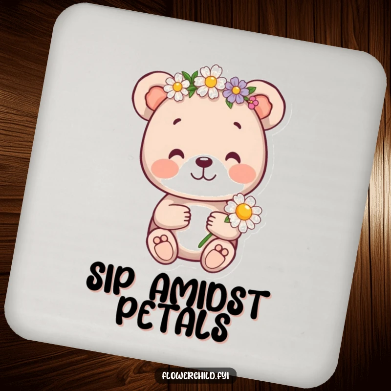 Funny bear cub drink coaster, a cheerful bear cub with a flower crown holding a daisy, protecting surfaces with cuteness.