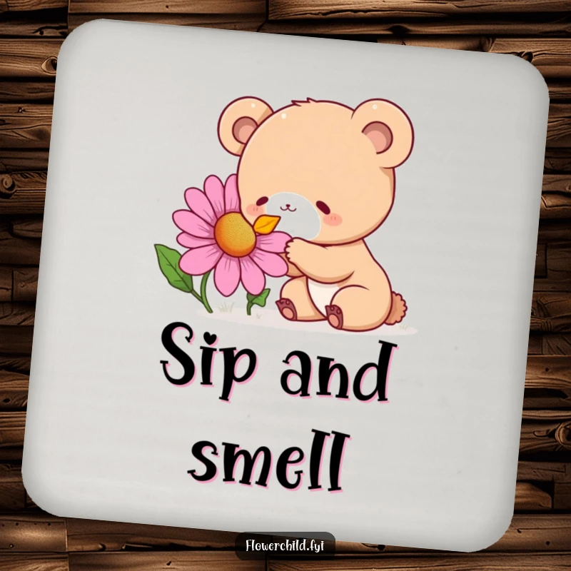 Funny Coaster featuring a curious bear cub delightedly sniffing a giant, colorful wildflower, protecting surfaces.