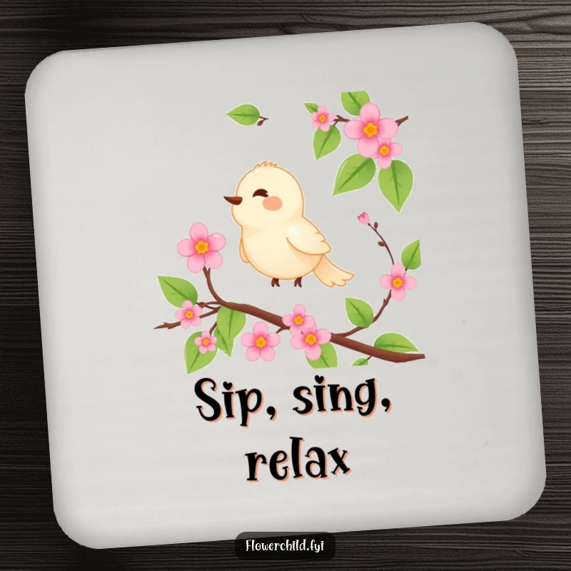 Funny drink coasters featuring a serene bird character perched on a blooming vine, singing joyfully.