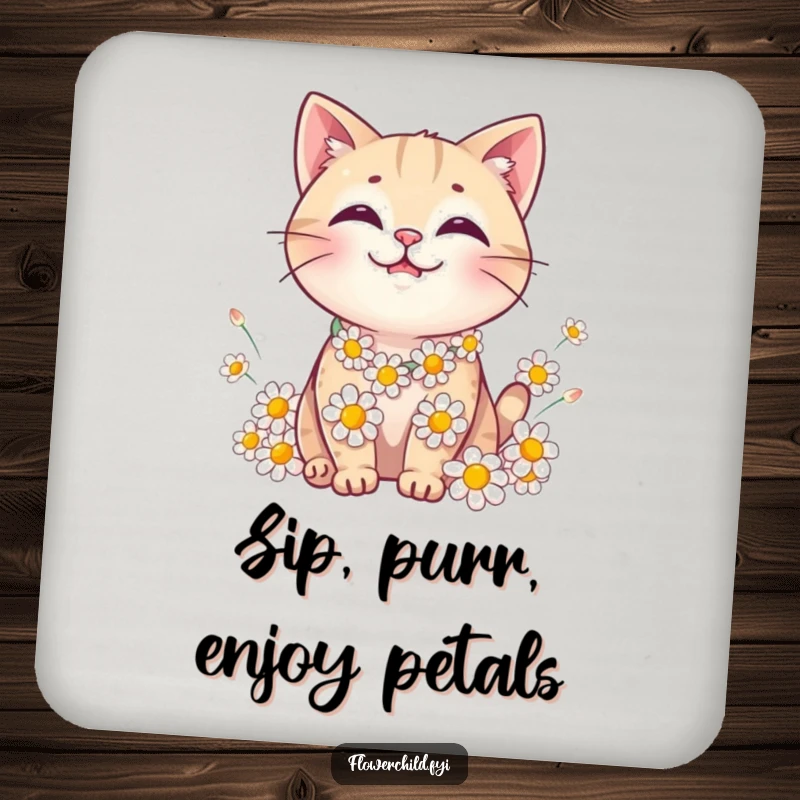Funny Cat Daisy Chain Coaster: A coaster featuring a cute cat wearing a daisy chain.