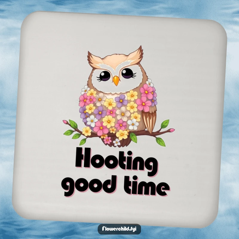 Funny coasters with a contented owl wearing a flower feather boa, resting on a branch.