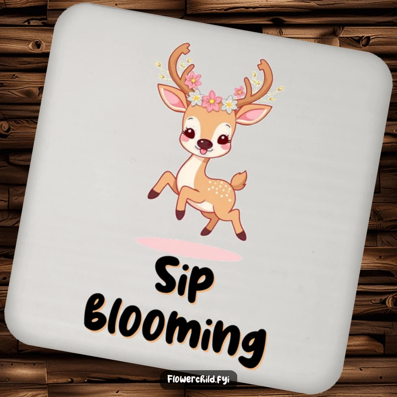 Funny deer flower coaster showing a prancing deer with floral antlers, adding whimsical humor to drink service.