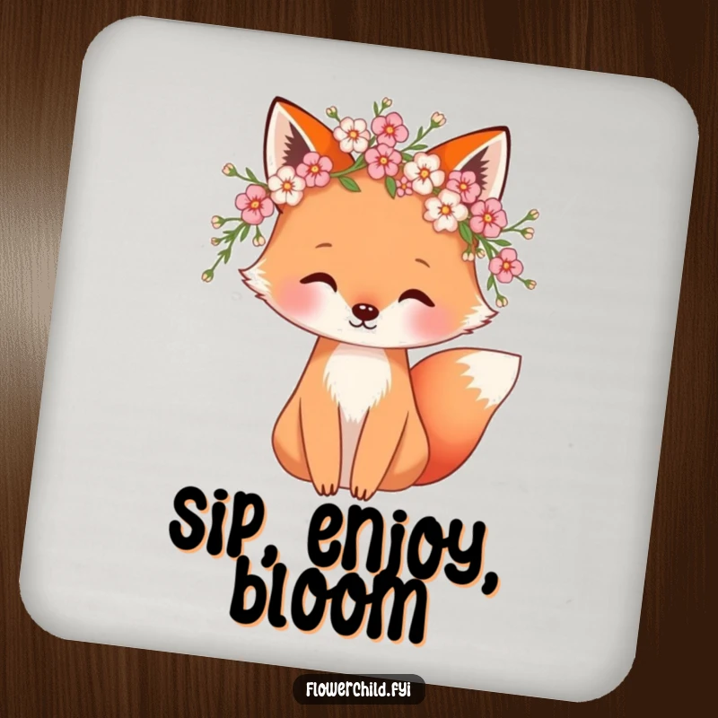 Funny coasters featuring a whimsical fox wearing a blossom wreath, protecting surfaces with style and charm.