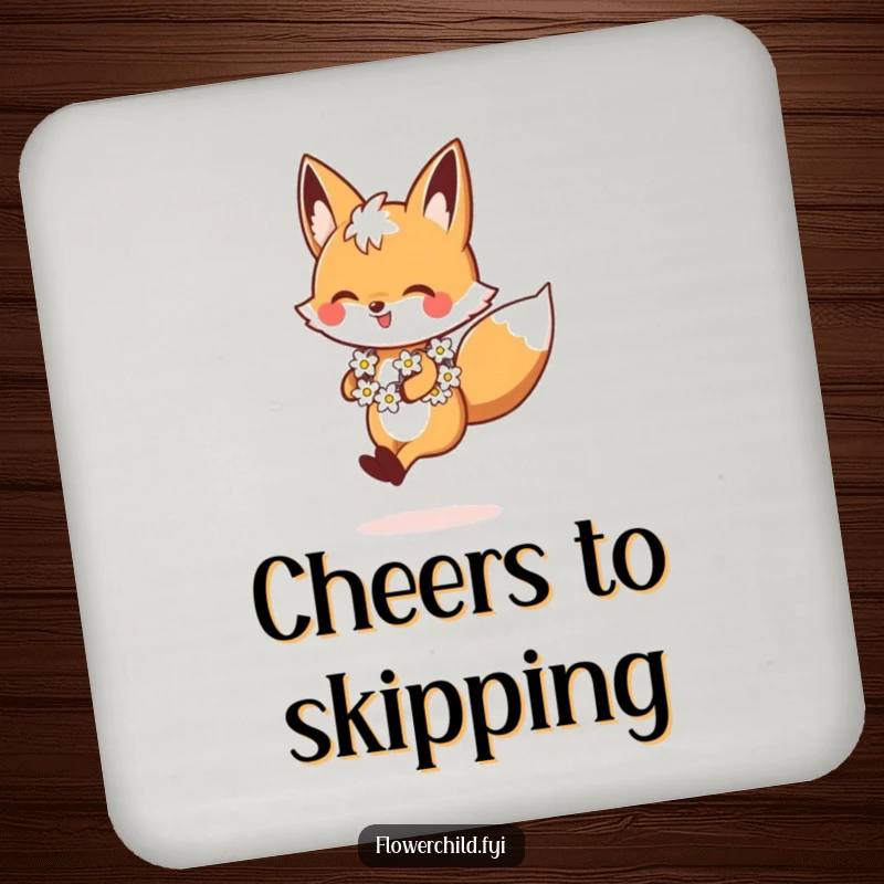 Funny Fox Coaster, a cheerful fox skipping with a daisy chain, protecting surfaces with style, a delightful funny gift.