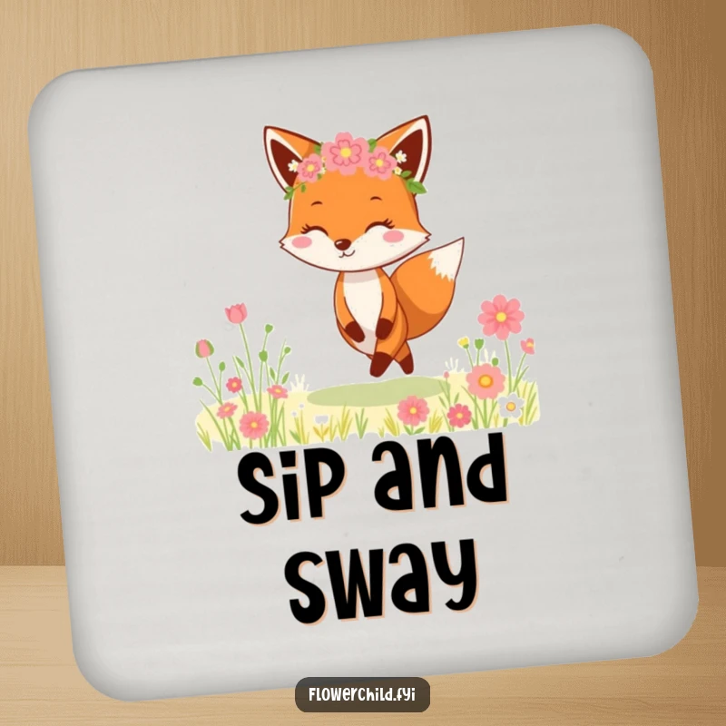 Funny Fox Flower Crown Coaster: A cheerful fox wearing a flower crown skips through a meadow, protecting your surfaces with style.