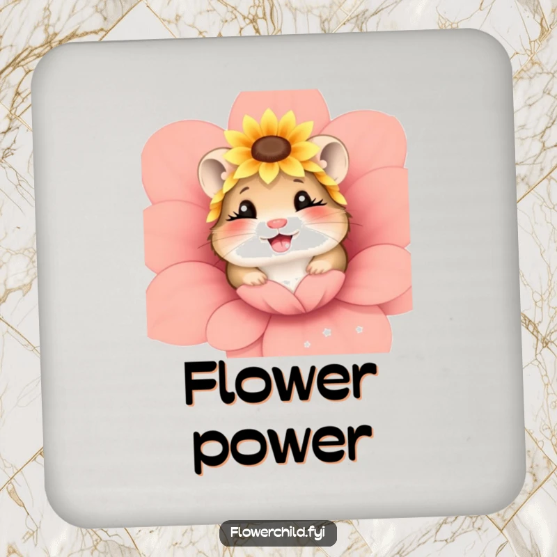 Funny coasters with a giggling hamster wearing a sunflower headpiece, peeking from a flower, set of 4.
