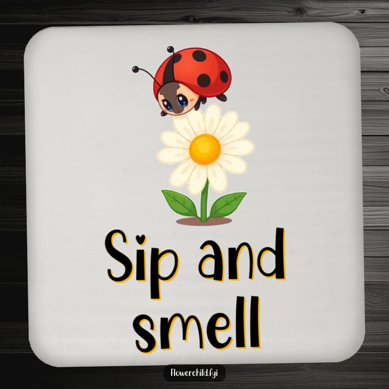 Funny ladybug drink coaster featuring a curious ladybug admiring a daisy, protecting surfaces with a charming and humorous nature design.
