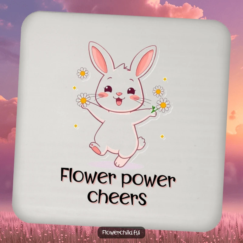 Funny Coaster featuring a cheerful rabbit twirling happily with daisies, protecting surfaces with charm.