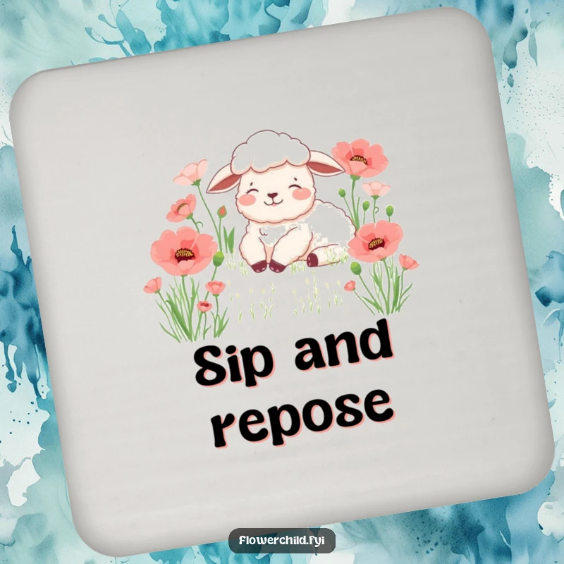 Funny sheep poppy coasters, a content sheep resting peacefully in a field of poppies, adding serene humor to tabletops.