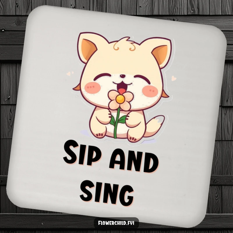 Funny singing animal character, eyes closed, with a flower in its mouth, depicted on a drink coaster.