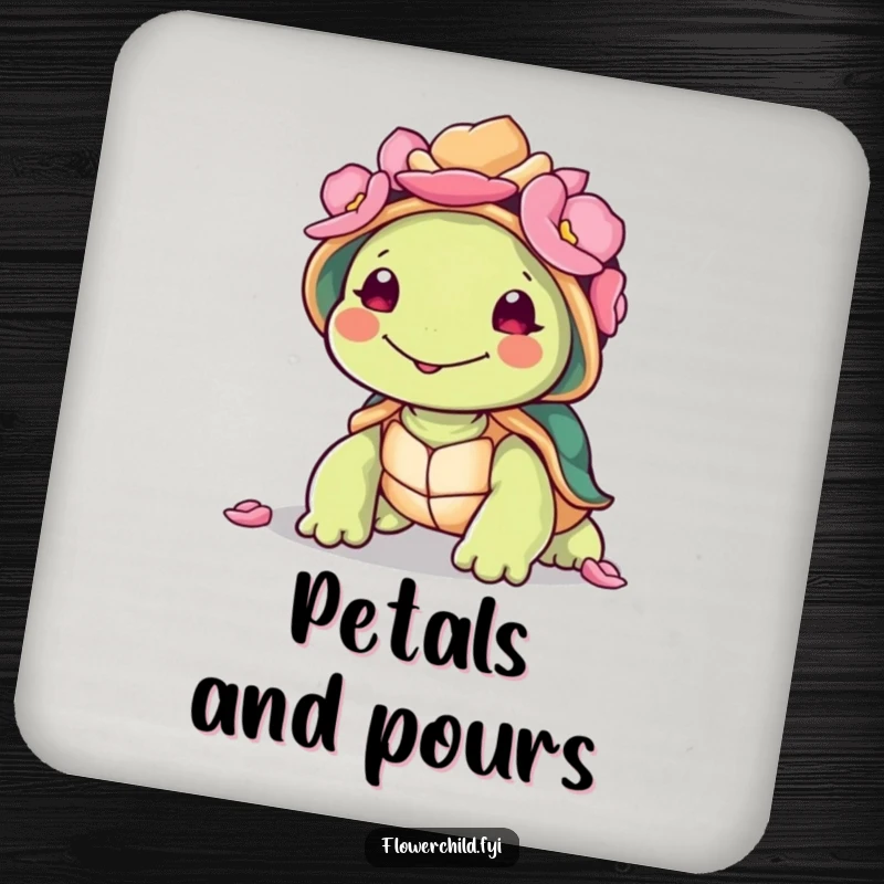 Funny smiling turtle character with a colorful petal shell, printed on a decorative and humorous drink coaster.