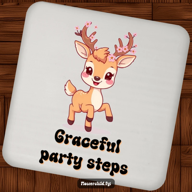 A smiling deer with blossoms on its antlers prancing playfully on a durable drink coaster, adding charm to tabletops.