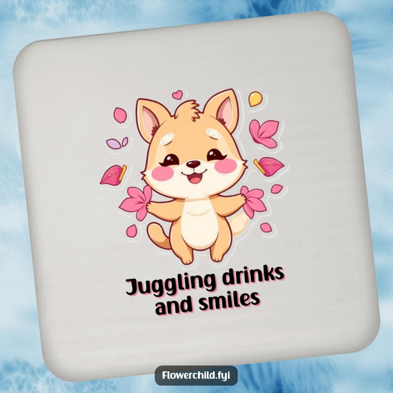 Funny drink coasters with a playful animal character juggling vibrant petals, protecting furniture with humor.