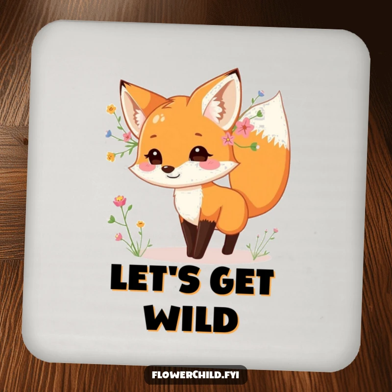 Funny fox drink coaster, with wildflowers behind its ear, dancing playfully, protects surfaces, adds charm, great funny gift.