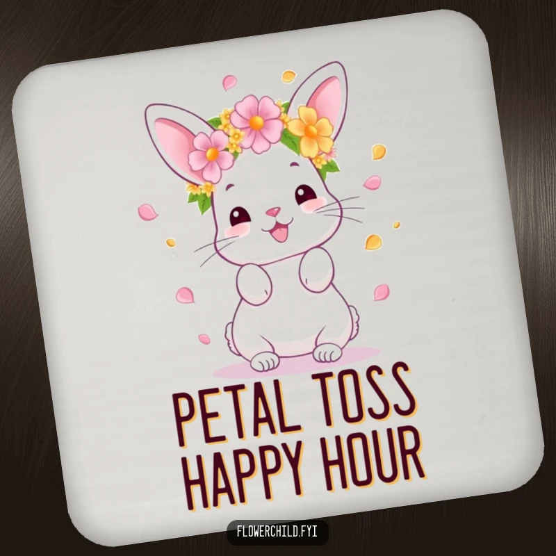 Funny Bunny Coaster, a cute bunny with a flower crown tossing petals, protecting surfaces with style, a delightful funny gift.