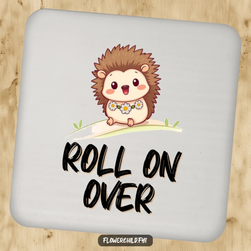 Funny drink coaster showcasing a happy hedgehog with a daisy chain, rolling down a gentle slope, adding charm.
