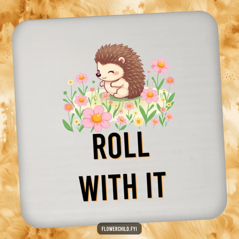 Funny coaster with a delightful hedgehog character rolling through a field of flowers, adding a touch of playful nature to protecting surfaces.