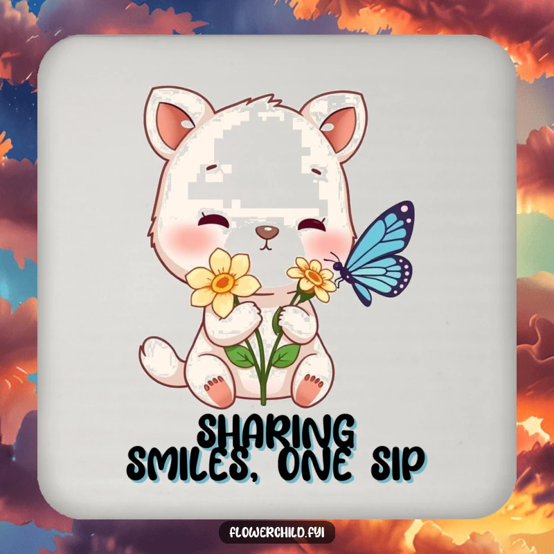 Funny drink coasters with a gentle animal character offering a flower to a tiny butterfly, protecting furniture with humor.