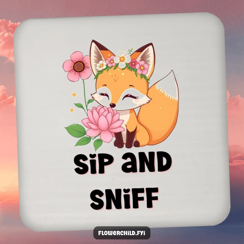 Funny curious fox character wearing a flower crown, sniffing a giant bloom, a charming coaster.
