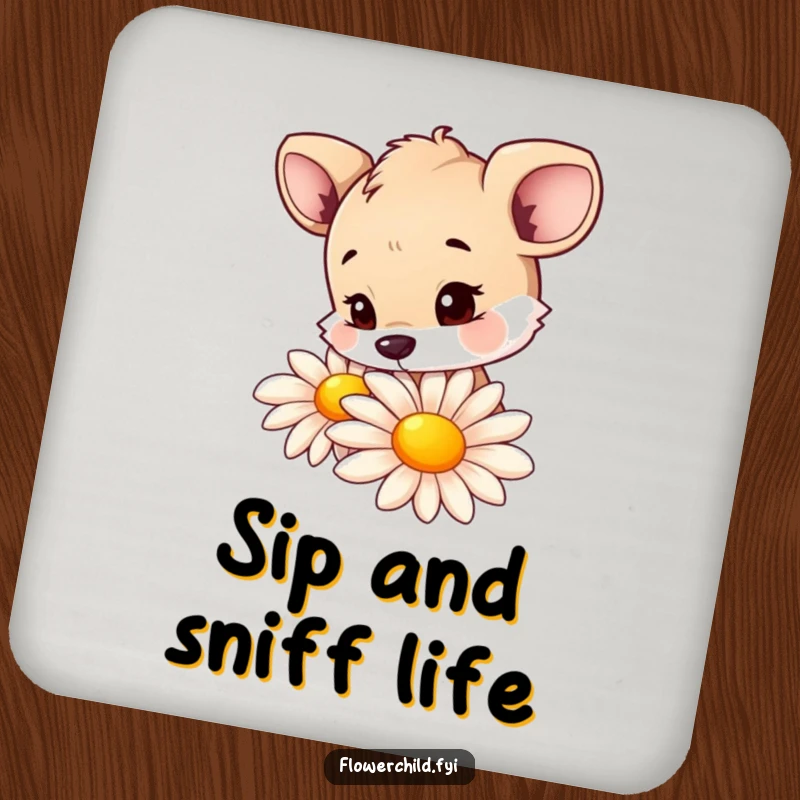 Funny drink coasters with a curious animal character sniffing a large, colorful daisy, protecting surfaces with humor.