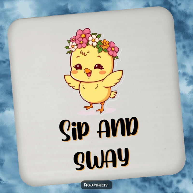 Funny drink coaster with a happy chick wearing a flower crown, dancing with infectious energy.