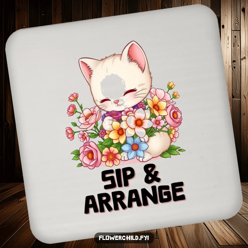 Funny Kitten Coaster: A charming kitten arranges a bouquet, adding adorable floral charm and surface protection.