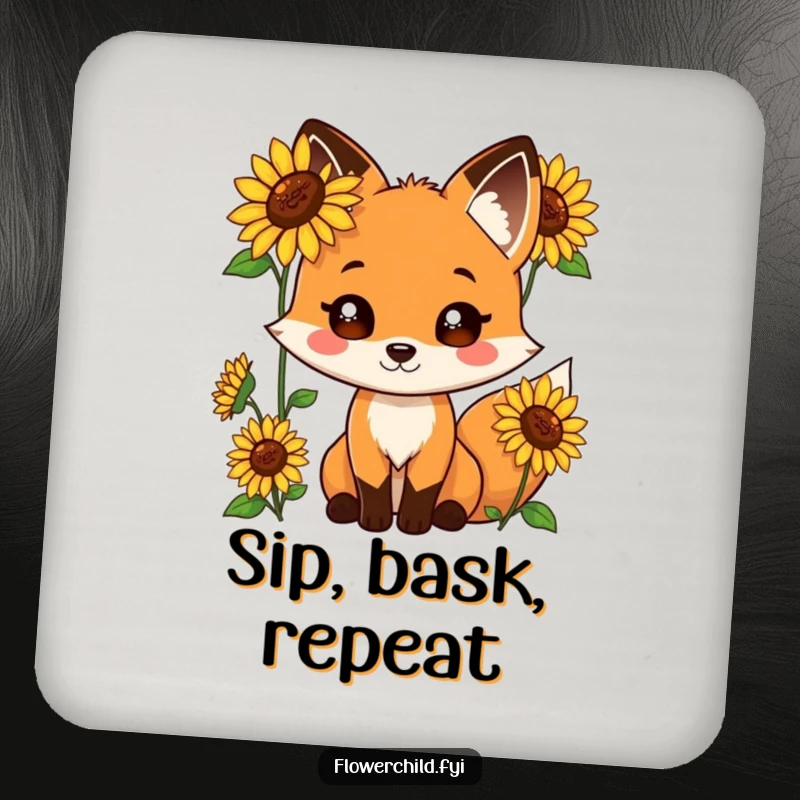 Funny drink coasters featuring a playful fox character with sunflowers growing from its fur.